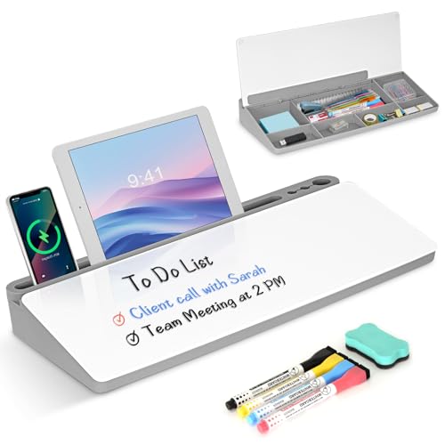 Desktop Glass Whiteboard with Storage, Grey Desk Dry Erase White Board with Computer Keyboard Stand, Desk Organizers and Accessories with Removable Cubicles for Office, Home, College, School - color: Organizer-gray