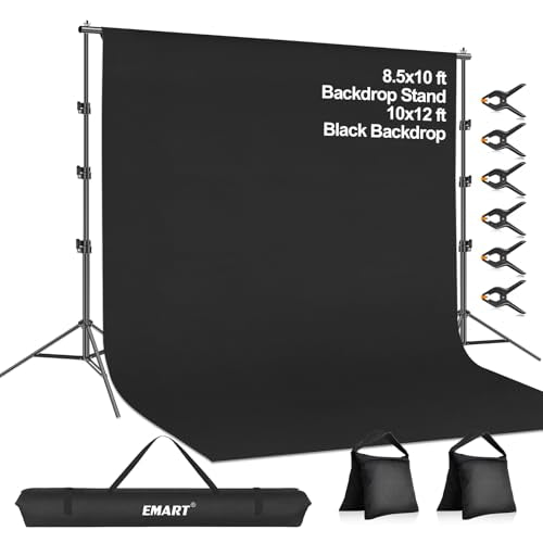 EMART 8.5 x 10 ft Adjustable Photo Backdrop Stand Kit with 12 x 10 ft Portable Black Backdrop, Background Holder Support System Kit for Photography, Party, Live Game, Interviews, YouTube, TIK Tok - color: Black(10*12ft Backdrop), size: 8.5*10ft Backdrop S