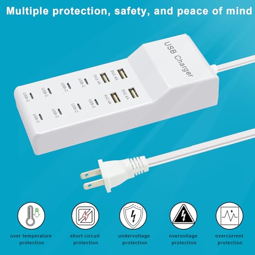 USB C Power Strip, 100W USB Charging Station 4 USB-A Ports and 8 USB-C Ports Multiple USB Charging Block with Auto-Detect Technology Compatible with Smart iPhone Tablet Laptop Multiple Devices