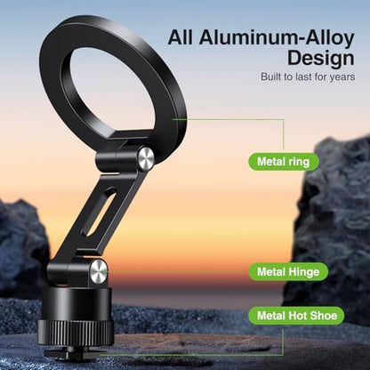 elitehood Magnetic Phone Tripod Mount for Magsafe, Aluminum iPhone Tripod Mount Adapter with 1/4” Screw, Cold Shoe Phone Holder for Camera, Compatible with iPhone 16/15/14/13 Series - style: Cold Shoe Base