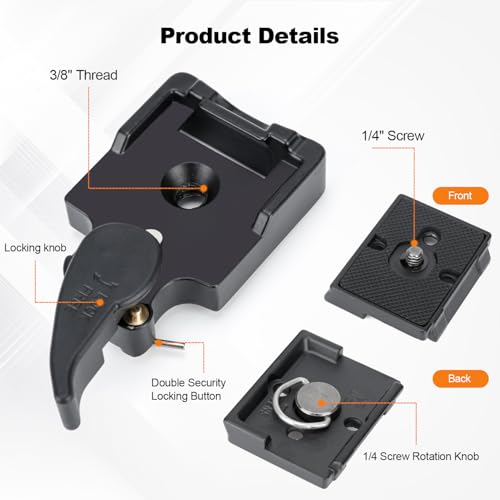 koolehaoda Quick Release Plate Adapter 1/4" 3/8" Screw Tripod Monopod | Aluminum Camera Head Mount Rapid Connect Locking System DSLR SLR Mirrorless Flash Safety Spring Lever Durable Lightweight