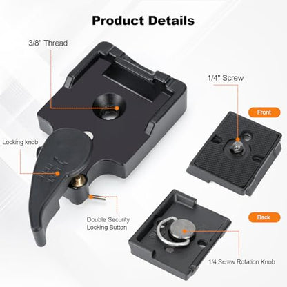 koolehaoda Quick Release Plate Adapter 1/4" 3/8" Screw Tripod Monopod | Aluminum Camera Head Mount Rapid Connect Locking System DSLR SLR Mirrorless Flash Safety Spring Lever Durable Lightweight