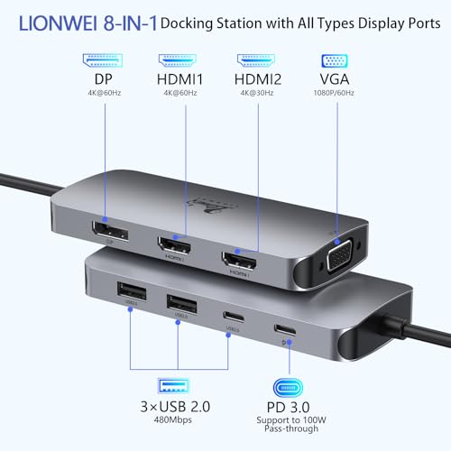 LIONWEI USB C Docking Station Dual Monitor, Laptop Docking Station 3 Monitors Quadruple Display with Dual 4K HDMI, DP, VGA, 100W PD, 3 USB C/A 2.0, Laptop Dock for Dell, Lenovo, HP, Surface - color: 2 HDMI+DP+VGA