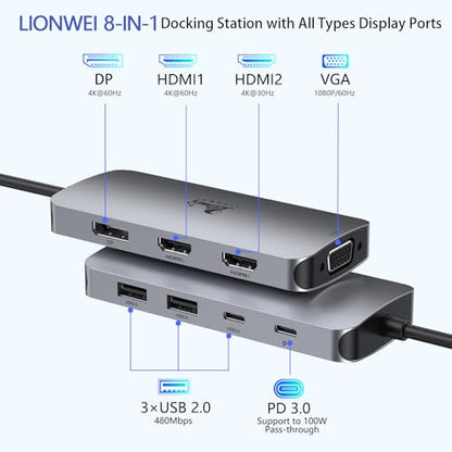 LIONWEI USB C Docking Station Dual Monitor, Laptop Docking Station 3 Monitors Quadruple Display with Dual 4K HDMI, DP, VGA, 100W PD, 3 USB C/A 2.0, Laptop Dock for Dell, Lenovo, HP, Surface - color: 2 HDMI+DP+VGA