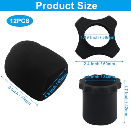 12 Pack Wireless Handheld Microphone Protection Kit | Bottom Rod Sleeve Holder, Windscreen Foam Cover, Shakeproof Anti-Rolling Silicone Ring, For Studio, KTV