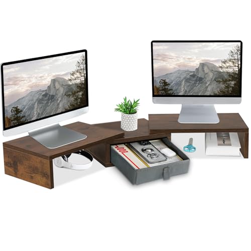 TEAMIX 3 Shelf Monitor Stand Riser With Drawer - Length and Angle Adjustable Dual Riser With Storage Corner Desk Shelf Organizer Large Computer Stand for 2 Monitors/Laptop (Brown, 1 Drawer) - color: Brown