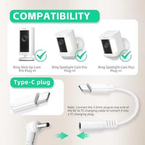 2 Pack Power Adapter Plug Charger for Ring Stick Up Cam Plug-in Camera & Ring Pan Tilt Stick Up, Spotlight Cam Pro/Plus Camera Charging Cord Cable 13.2ft White - style: 2 Pack