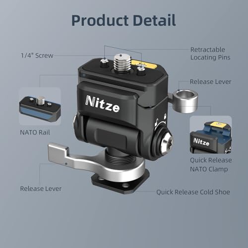 Nitze Quick Release Camera Monitor Mount (NATO Rail with 1/4” Screw and Retractable Pins to Cold Shoe), Field Monitor Mount with Adjustable NATO Clamp, 170° Tilt and 360° Pan - N54-S1