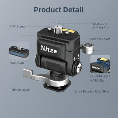 Nitze Quick Release Camera Monitor Mount (NATO Rail with 1/4” Screw and Retractable Pins to Cold Shoe), Field Monitor Mount with Adjustable NATO Clamp, 170° Tilt and 360° Pan - N54-S1