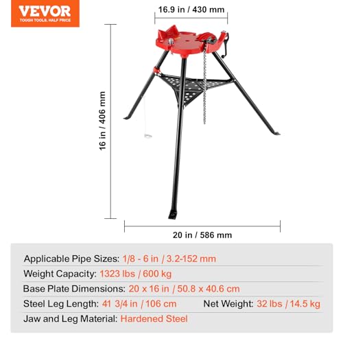 Mophorn 460-6 Tripod Pipe Chain Vise 1/8"-6" Capacity,Pipe Stand Portable Foldable Steel Legs,Pipe Stands w/Tool Tray, Tripod Stand Chain Vise Ideal for a Variety of Pipe Materials