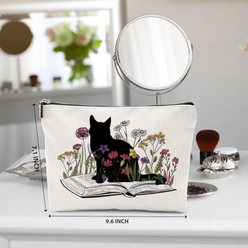 Cat Gifts for Women, Book Lovers Cosmetic Bag, Multicolor Floral Zipper Travel Makeup Bag - color: Book Flower Cat