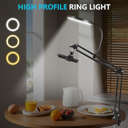 6" LED Ring Light for Desk, Overhead Camera Mount with Ring Light and Phone Holder, Overhead Phone Mount Arm Stand Studio Lights for Photography, Video Recording, Live Stream