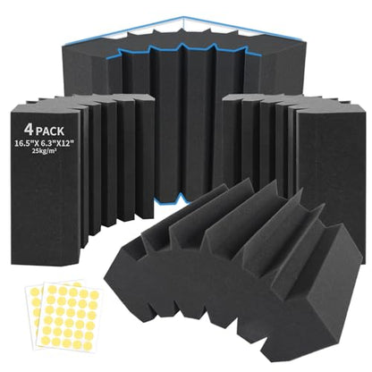 Focusound 4 Pack Bass Traps Corner Acoustic Foam Corner 16.5" X 6.3" X 12" Acoustic Foam Panels Soundproof Padding Wall Panel Corner Block for Home Studio and Theater - size: 4 Pack-Bass Traps