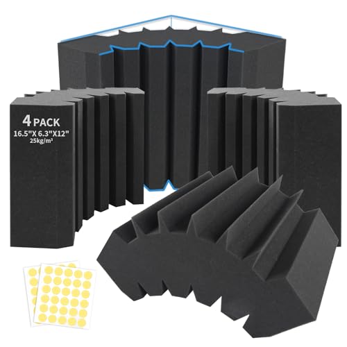 Focusound 4 Pack Bass Traps Corner Acoustic Foam Corner 16.5" X 6.3" X 12" Acoustic Foam Panels Soundproof Padding Wall Panel Corner Block for Home Studio and Theater - size: 4 Pack-Bass Traps