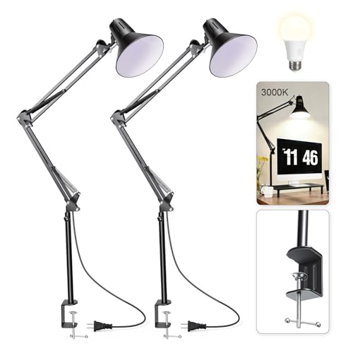 2 Pack LED Desk Lamp With Clamp for Office Home, Eye-Caring Desk Light with 360°Adjustable Extra Tall Metal Swing Arm, High Intensity Clamp w/A19 E26 Bulb for Working Reading, Table Lamps Warm Light - color: Black, size: 2pack3000K Warm Light-Extra Long S