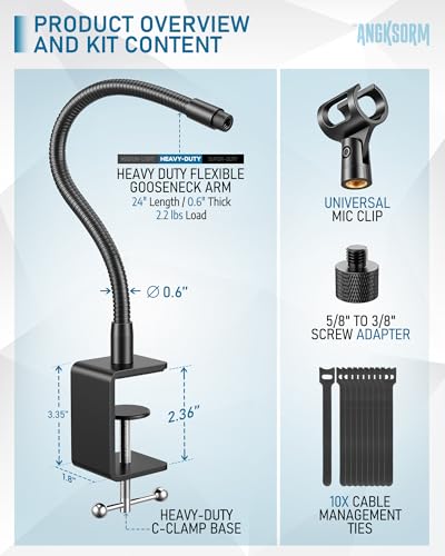 24-INCHS Flexible Gooseneck Microphone Stand with Heavy Duty Desk Clamp for Podcast, Meetings, Lectures, Radio Broadcasting Studio, Live Broadcast Equipment, TV Stations - size: 24-INCH
