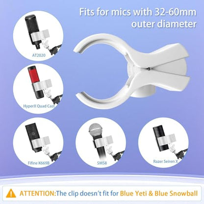 BILIONE Large Microphone Clip for Mics with Outer Diameter 1.26" to 2.3" | Adjustable Mic Holder, Premium ABS, Inside sponge to protect microphones, With 5/8" Male to 3/8" Female Screw Adapter - color: White, size: 1 Pack
