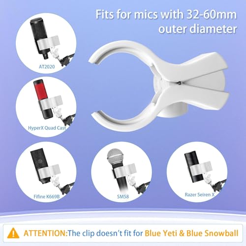 BILIONE Large Microphone Clip for Mics with Outer Diameter 1.26" to 2.3" | Adjustable Mic Holder, Premium ABS, Inside sponge to protect microphones, With 5/8" Male to 3/8" Female Screw Adapter - color: White, size: 2 Pack