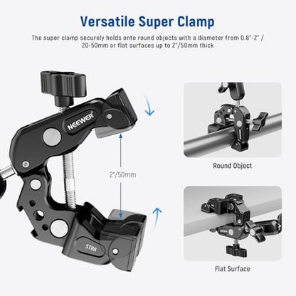 NEEWER Super Clamp with 3" Dual Ballhead Magic Arm, Camera Phone Clamp Mount with 1/4" 3/8" Threads, Cold Shoe, Phone Holder, Action Camera Adapter Compatible with GoPro DJI iPhone 16 15 Pro Max, ST88 - style: ST88