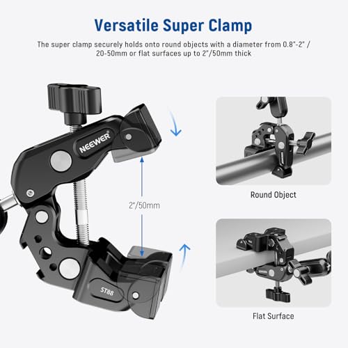 NEEWER Super Clamp with 3" Dual Ballhead Magic Arm, Camera Phone Clamp Mount with 1/4" 3/8" Threads, Cold Shoe, Phone Holder, Action Camera Adapter Compatible with GoPro DJI iPhone 16 15 Pro Max, ST88 - style: ST88