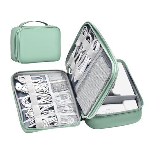Double Layer Leather Cable Organizer Bag Large Capacity Waterproof Tech Organizer Case for Travel Electronics Accessories Storage Case with Adjustable Divider(Light Green, Double Layer-Small) - color: Light Green, size: Double Layer-Small