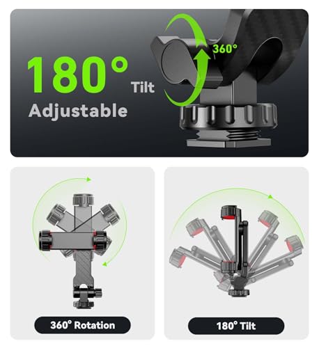Phone Tripod Mount, Universal Smartphone Holder with 2 Cold Shoe Mount Adapter and 1/4" Standard Screw Thread, 360°Rotation & 180°Tilt Phone Clamp Compatible with iPhone & Android for Photography
