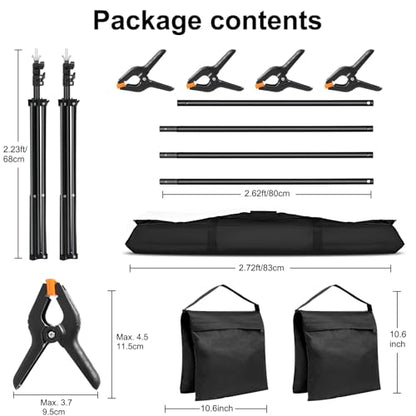 10x7ft Adjustable Photography Backdrop Stand Kit – Photo Studio Background Support with 4 Crossbars, 4 Clamps, 2 Sandbags (with 10 * 7 Feet Black Backdrop Curtain) - color: Black