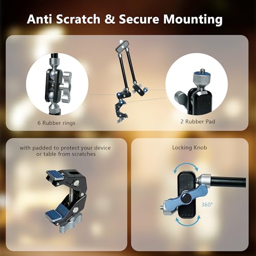 GEEKOTO 22" Magic Arm, Overhead Phone Mount with 360Dual Ball Head, CNC Aluminum Desk Camera Mount for Photography & Content Creation, Camera, Phone Holder,Filming, Action Camera, LED Light, Webcam - style: Desk Clip&Phone Clip