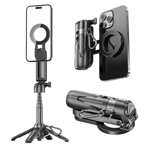 4 in 1 Magnetic Tripod Pocket Selfie Stick Extends to 1.5ft (47.5cm) Cell Phone Stand Portable Camera Grip Handle with Wireless Detachable Remote Control for Photograph/Live Streaming/Video