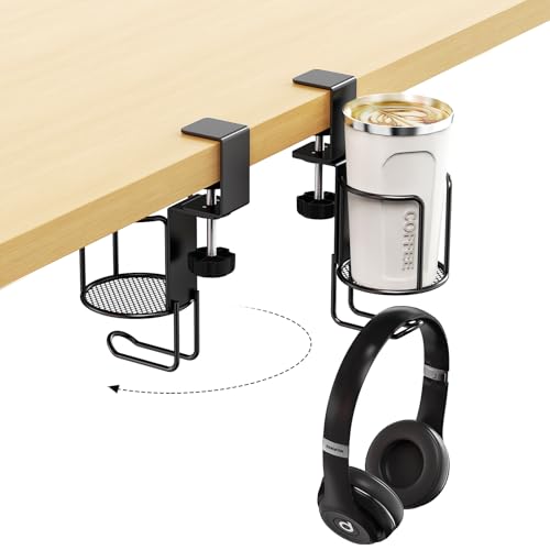 CABTE 2 in 1 Desk Cup Holder with Headphone Hanger Holder, Anti-Spill Clip-On Table Cup Hook with 360° Rotation for Lawn Chair, Office Home Gaming Table (1 Pack) - color: 1 PACK