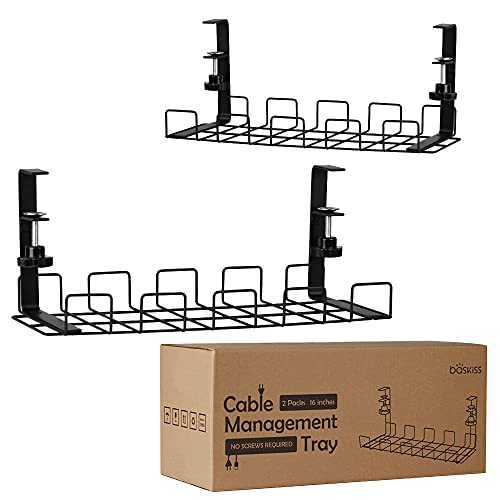 2 Pack Cable Management Under Desk Tray, 16", Black | Clamp Mounted, No Drill Holes Needed, For Computer Home Office Standing Tables, Conceals Power Strips