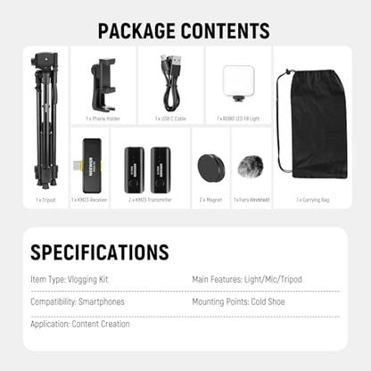 NEEWER Basics PA056 Vlogging Kit for iPhone Android Phone for YouTube TikTok Streaming Filmmaking Video Recording, Tripod + Microphone + LED Fill Light, Youtuber Starter Content Creator Essentials