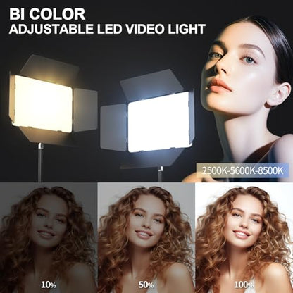 2 Pack LED Video Light with Barndoor, 30W Photography Lighting with Tripod Stand, 3000Lux CRI 98+ 2500K-8500K Studio Light Podcast Lighting for Video Recording, Game Live Streaming, Vlogging - size: 63" Tripod Stand
