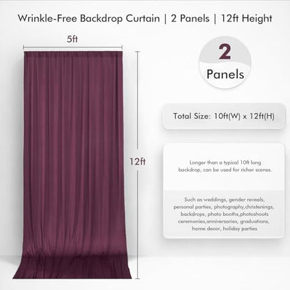 10ftx12ft Wrinkle Free Maroon Backdrop Curtain, 2 Panels 12FT Height Wedding Burgundy Backdrop Drapes, Silky Polyester Back Drop Cloth for Birthday Photography Background Party Backdrop Draping - color: Burgundy, size: (W)5ft x (H)12ft (2 Panel)