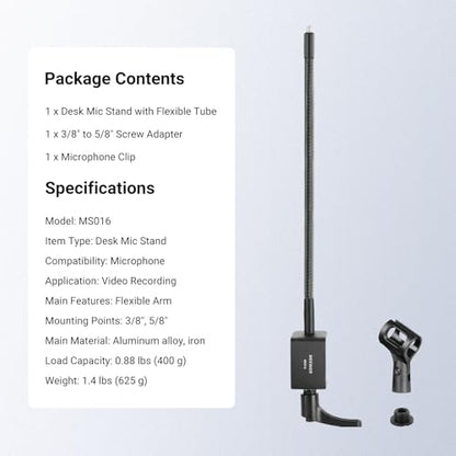 NEEWER Desk Microphone Stand with Flexible Arm, Mic Holder Table Clamp Mount with Clip & 3/8" to 5/8" Adapter Compatible with Blue Yeti Snowball HyperX QuadCast SoloCast Shure, MS016