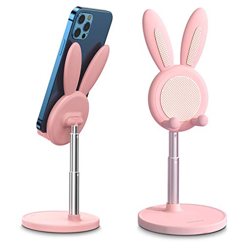 OATSBASF Cute Bunny Phone Stand, Adjustable Pink Cell Phone Holder for Desk, Weighted Base Kawaii Desk Accessories, Aesthetic Room Decor Gift for Women/Girls/Kids, Compatible with All Phones - color: Pink