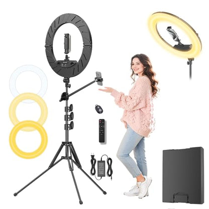 Ring Light 18" with Stand, 55w 6700K LED Light,63" Tripod,Multi-Angle Adjustable Phone Stand, for iPhone and Android Phones, CRI95, Suitable for YouTube, TikTok, Selfies (Black, 18") - color: black