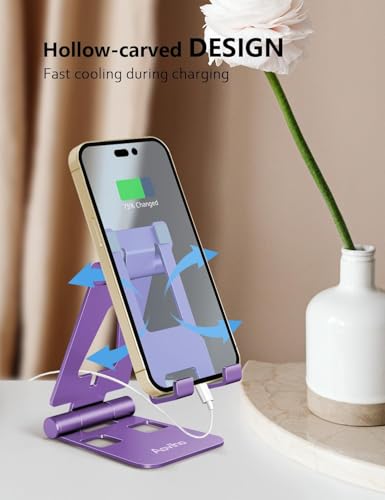 Aoviho Cell Phone Stand for Desk, Adjustable Desktop Phone Holder Stand, Foldable Moblie Phone Dock for iPhone 17 16 15 14 Pro Xs Max Xr X 8 7 6 5 5s SE Nintendo Switch All Phones, Purple - color: Purple