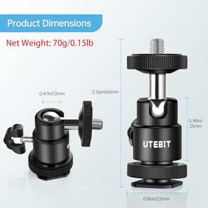 UTEBIT 2 Pack Universal 1/4" Swivel Mini Ball Head Screw Tripod Mount | 360° Rotating Mount Base Adapter 1/4" Camera Hot Shoe Mount for DSLR Cameras Vive Tripods Monopods Camcorder Light Stand - size: 12MM BALL-2PACK