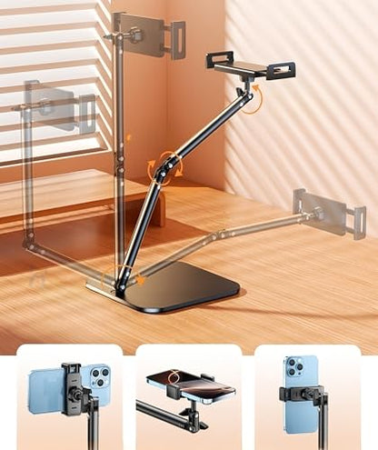 Adjustable Overhead Articulating Arm Phone Stand for Desk, Black Metal | Adjustable Height and Angle, Desktop Video Recording Tripod, Live Streaming, Photography Holder