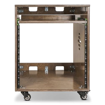 Sound Town 10U Solid Baltic Birch Plywood Studio Rack Desk with Slide-Out Tray, Rubber Feet, Casters, for Recording, Podcasts, Broadcasts, Streaming, Weathered Brown (SDRK-ST10B) - size: 10U, Weathered Brown w/ Tray
