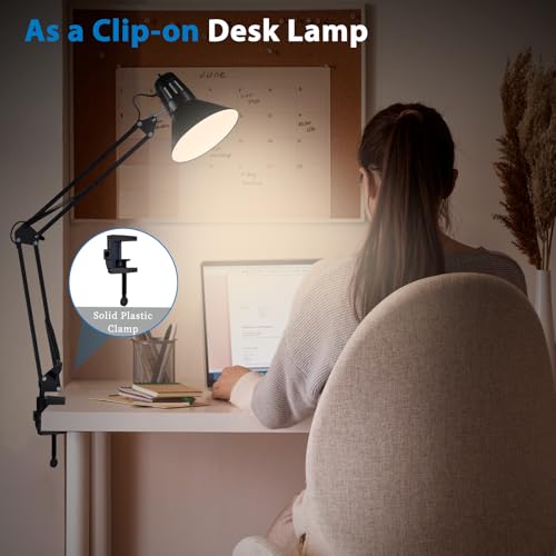 Swing Arm Desk Lamp for Home Office 360°Adjustable,Tall Metal Clamp on lamp with Bulb,Eye-Caring Clip on Desk Light for Computer Work Study Reading and Drafting