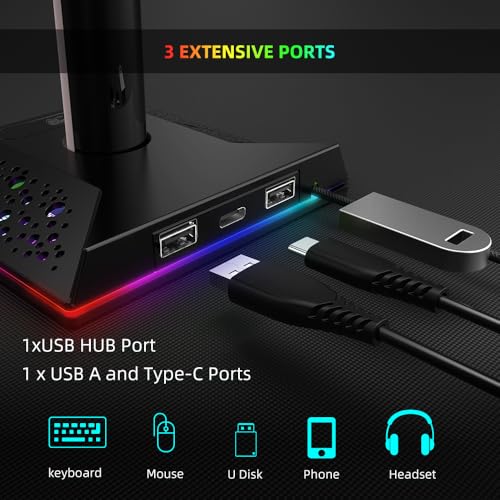 RGB Headphone and Controller Stand with USB Charging Hub, Gaming Headset Holder for Desk, 2 USB-A and USB-C Ports, Holds 4 Controllers, 10 Lighting Modes for PS5 Xbox Switch PC