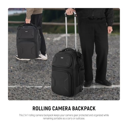 Neewer 2 in 1 Camera Roller Bag with Detachable Shockproof Dividers Retractable Handle Waistband Rain Cover Water Resistant Robust Carry On Backpack for Camera Tripod Flash Lens Laptop, Black, PB027 - style: Pb027