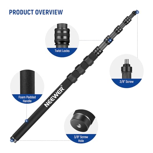 NEEWER Upgraded Microphone Boom Pole, 9.8ft/300cm Telescopic Carbon Fiber Mic Boom Arm with 5 Sections, 1/4" 3/8" 5/8" Screw Adapters, Cable Straps, Shoulder Strap & Storage Bag, MS-300CB (Black) - style: MS-300CB