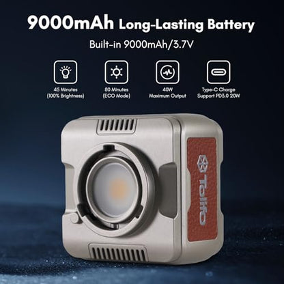 Tolifo Palm-Sized 40W RGB LED Video Light with Rechargeable 9000mAh /App Wireless Control/360° Full Color/CRI 97+ 2700-6500K/20 Effects for Vlogging Camera Photography Fill Light w Cold Shoe Mount