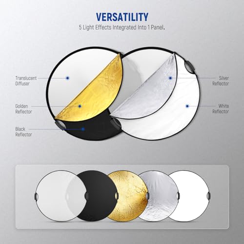 NEEWER 32"/80cm 5 in 1 Light Reflector with Clamp & Hand Grips, Polyester Multi Disc Photography Diffuser, Translucent/Silver/Gold/White/Black, 3/8" Thread, for Studio Outdoor Lighting, RF-80II - style: 80cm w/Clamp