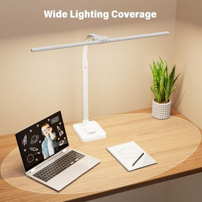LED Desk Lamp with Base - Bright Dimmable Computer Lamp with Phone Holder, 24W Bendable Desk Light for Monitor Screen, Eye-Caring Tall Desktop Light for Task Home Office Work, White, Dual Head - style: Base Version - White