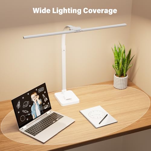 LED Desk Lamp with Base - Bright Dimmable Computer Lamp with Phone Holder, 24W Bendable Desk Light for Monitor Screen, Eye-Caring Tall Desktop Light for Task Home Office Work, White, Dual Head - style: Base Version - White