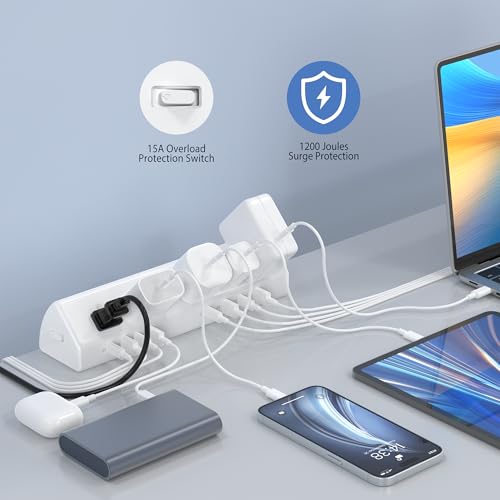 Desk Clamp Power Strip 65W Fast Charging Station,4 PD USB-C,5 Outlets,Nightstand Desk Edge Mount Tower Surge Protector,15 Amp Heavy Duty Power Strip,Fits 1.96" Tabletop Edge (White, 6 FT Cable) - color: White, size: 6 FT Cable